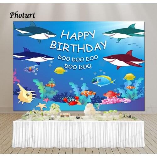 PHOTURT Custom Underwater Shark Photography Backdrop Kids 1st Birthday Background Blue Undersea Fish Banner Vinyl Photo Props