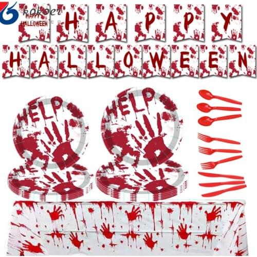 Halloween Horror Theme Kit Disposable Paper Plate Napkin Knife Pendant Banner Blood Handprint Sticker Party Decoration Supplies