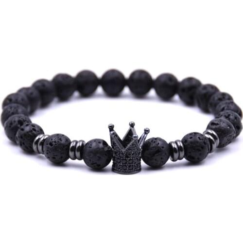 HYHONEY Micro Pave Zirconia CZ Crown Charm Bracelets Black Lava Natural Stone Beads Bracelets & Bangles Jewelry pulseras