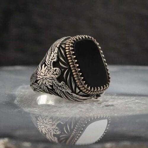 Retro Handmade Turkish Signet Ring Vintage Mens Ancient Steel Eagle Ring Inlaid Black Zircon Party Punk Motor Biker Ring