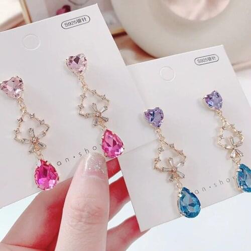 Korean Style Round Circle Chain Long Water Drop Rhinestone Pendant Earrings for Girls Women New Fashion Jewelry