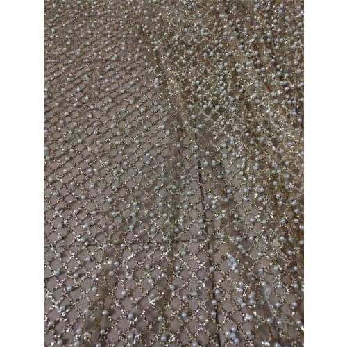Good looking gold glitter lace fabric shiny lace fabric with white beads for party or wedding dress dress good quality YG-516