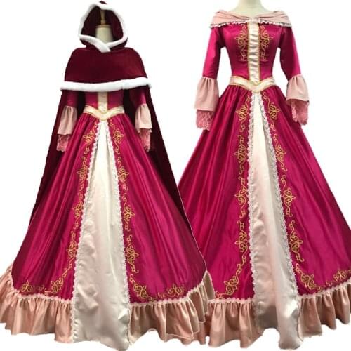 Beautiful Girl And Beast Cosplay Costume Belle Posh Party Princess Dress With Cloak Halloween Carnival Ball Gown