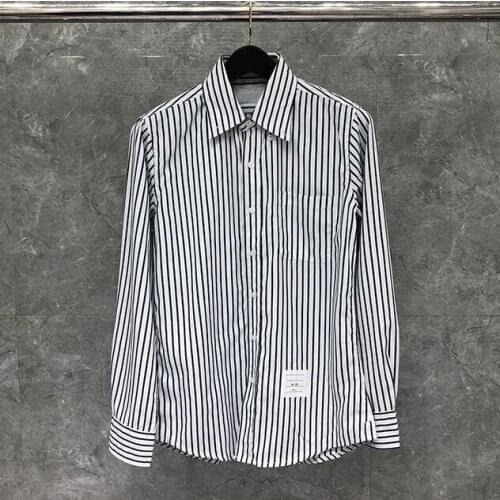 2021 Fashion Brand Shirts Men Slim White Black Striped Long Sleeve Casual TB Shirt Turn Down Collar Oxford Mens Clothing
