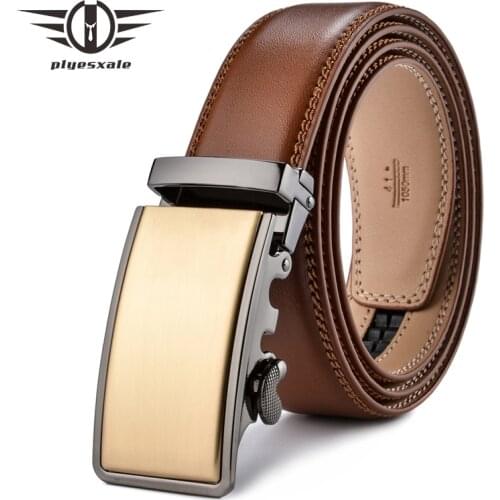 Plyesxale Leather Belt Men 2021 Gold Luxury Belts Men High Quality Brown Cowskin Belt Casual Automatic Buckle Waistband B56