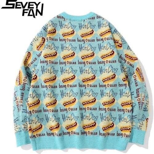 SEVEYFAN Mens Funny Letter Jacquard Sweater Hip Hop Loose O Neck Cotton Pullover Knitwear for Couples