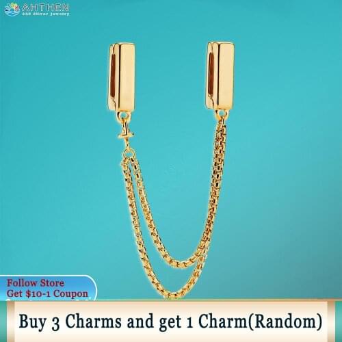 Ahthen 925 Sterling Silver Bead Golden Safety Chain Clip Charm fit Original Pandora Bracelets for Women Jewelry Making Girl Gift