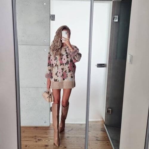 XIKOM 2021 Women Floral O-Neck Long Sleeve Pullover Knitwear Female Vintage Casual Loose Warmth Knitwear Sweater