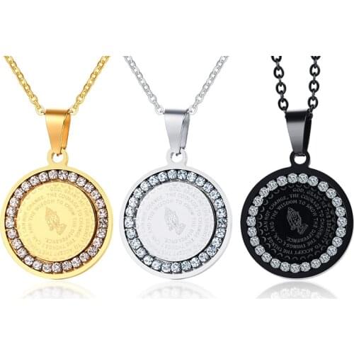 Christian Bible Verse Prayer Necklaces Men Stainless Steel The Praying Hands Medal Pendant Necklace With AAA CZ Jewelry Gift