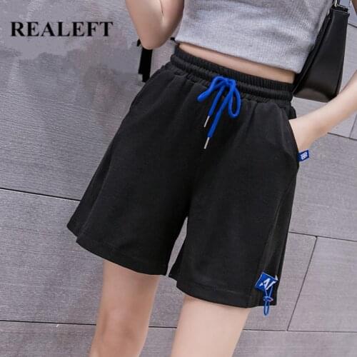 REALEFT Summer 2021 New Casual Loose Womens Half Pants High Waist Lace Up Wide Leg Sweetpants Female Chic Trouses Students