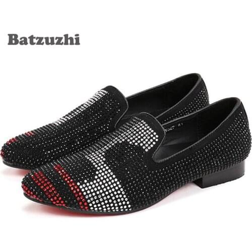 Luxury Handmade Men Loafers Fashion Black Leather Dress Shoes Black/Red Crystal Rhinestone Men Party and Wedding Mens Flats