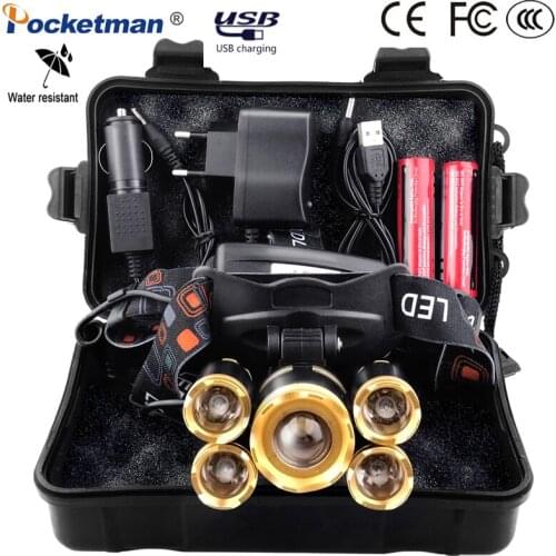 Most Powerful 9000LM LED Headlamp Zoomable XML 3/5 LED T6 Head Torch with Rechargeable 18650 battery Forehead headlight For Camp