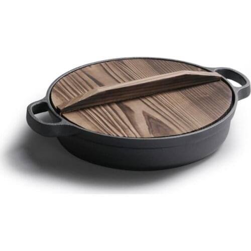 35cm Cast Iron Frying Pan with Wooden Cover Pancake Pan Uncoated Pan Frying Pan Induction Cooker Universal Cookware