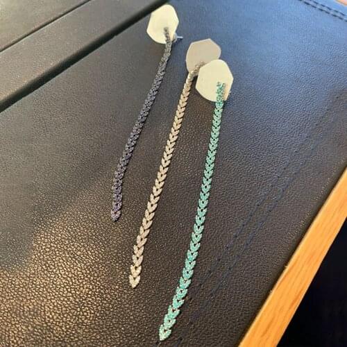 SOELLE Women Luxury Couture 925 Sterling Silver White Navy Blue Cubic Zirconia Wheat Ears Heart Mono Long Drop Earring one piece