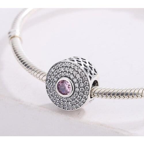 925 Sterling Silver CZ Transparent Zircon Inlaid Round Beaded Pink Pendant Charm Bracelet DIY Jewelry Making For Original Pandor
