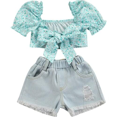 Toddlers Floral Printing Puff Short Sleeve Knotted Crop Tops + Rough Selvedge Ripped Denim Shorts