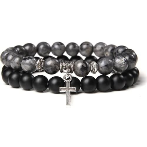 Cross Bracelet Blessing Jewelry Men Natural Healing Energy Labradorite Black Matte Onyx Stone Beads Bracelets Stretch Women Gift