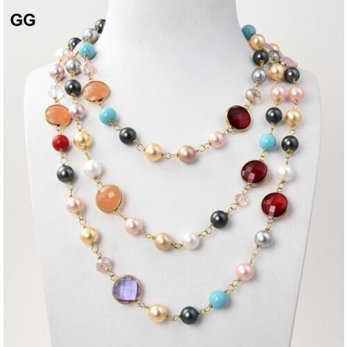 GuaiGuai Jewelry 62" Multi Color Sea Shell Pearl Crystal Necklace