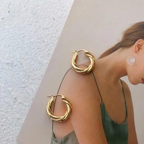 Luxury Thick Chunky Twisted 18k Gold Color Women Hoop Earrings 925 Silver Needle 2020 Trend Stainless Steel Jewelry for Women