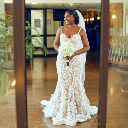 Spaghetti Plus Size Lace Mermaid Wedding Dresses Appliques Pearls Sweep Train African Backless Bridal Gowns 2023