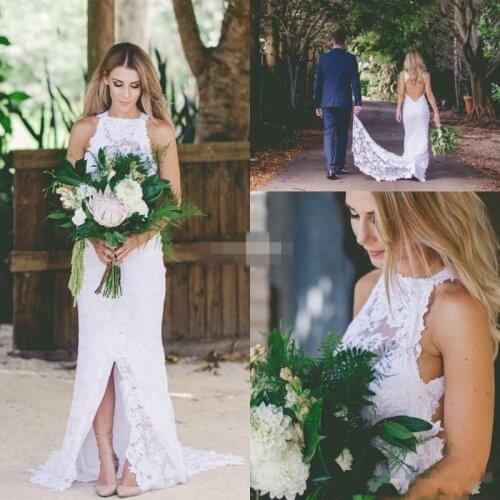 Summer Bohemian Lace Backless Wedding Dresses High Neck Spring Summer Front Split Garden Beach Simple Bridal Gowns