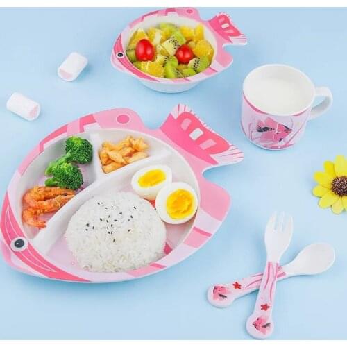 5pcs/Baby Tableware Set Fish Kids Dishes Plate Bowl Spoon Fork Cup Anti-fall Solid Food Self Feeding for Children Creative Gift