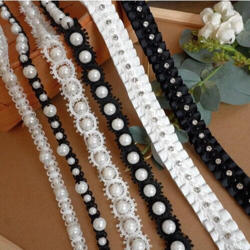 Elastic Pearl Crystal Beaded Lace Trim Tape Fabric Lace Ribbon Collar Dress Shirt Sewing Supplies Garment Handmade materials DIY