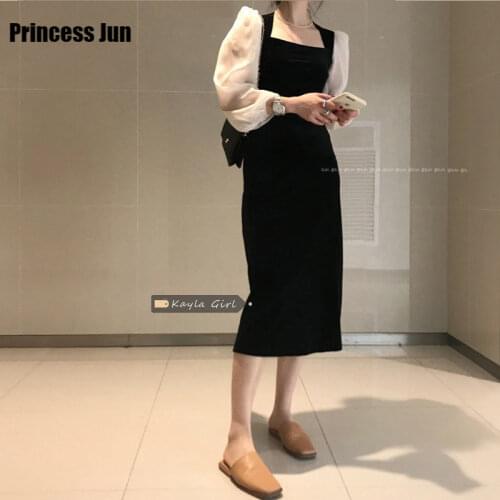 French Retro Square Collar Black Dress Womens Autumn Winter 2020 New Slim Dress Puff Sleeve Elegant Mid-length Party Dress