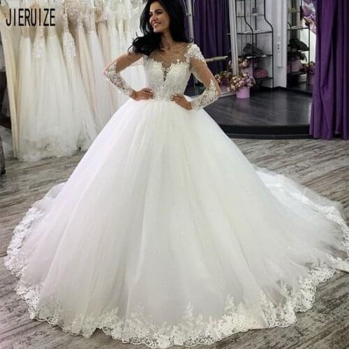 JIERUIZE Ball Gown Wedding Dresses O Neck Illusion Long Sleeves Lace Appliques Tulle Wedding Gowns Button Back Vestidos De Novia