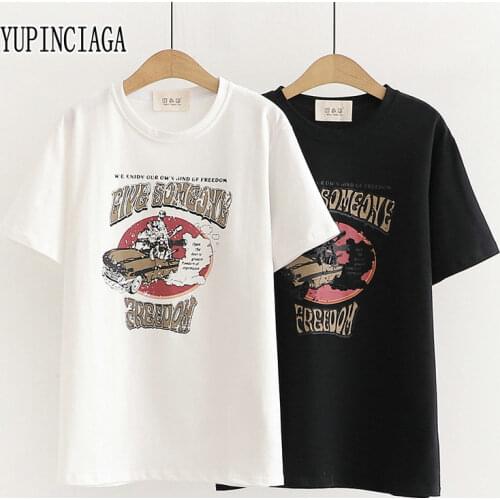 YUPINCIAGA Summer New Women Casual T-shirt Tee College Style Letters Car Print O-neck Short Sleeve Cotton Tops For Girls