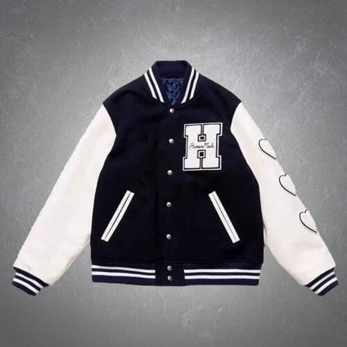 Hip Hop Vintage Baseball Bomber Jackets Mens Furry Heart Flocking Embroid Patchwork Leather Sleeve Casual College Couples Coats