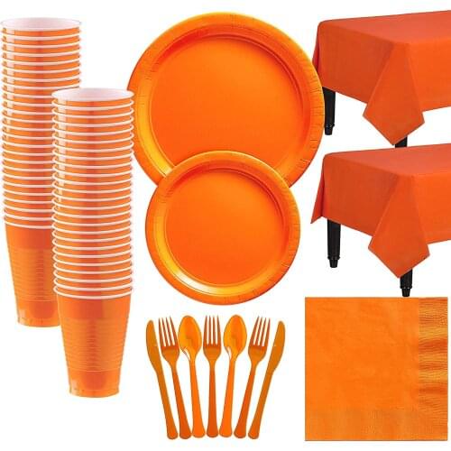 Orange Plastic Tableware Party Supplies Set Plates Cups Table Cover Napkin Disposable Birthday Dinnerware Decoration Anniversary