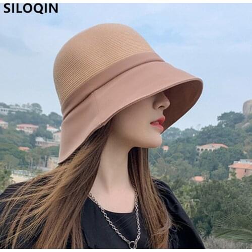 SILOQIN Foldable Ladies Beach Hat 2021 Summer Womens Panama Hat Bucket Hats New Elegant Straw Top Cloth Brim Cap Travel Hat