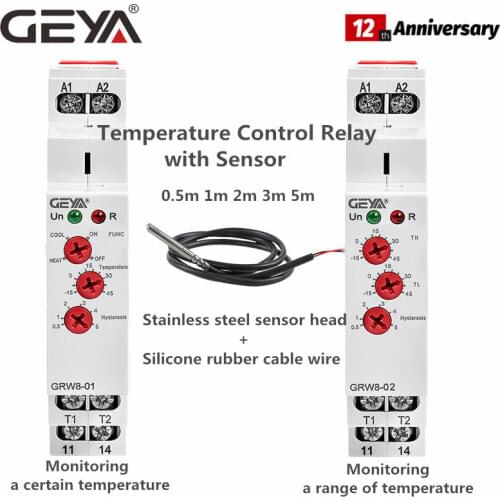 Temperature Control Relay Din Rail 16A AC/DC24-240V with Waterproof NTC Sensor Heating & Cooling GRW8-01/02 GEYA