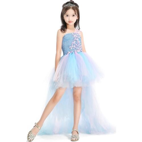 Pink and Blue Butterfly Bow Rhinestone Baby Girls Dresses with Train Tulle Lace Straps Children Girls Tutu Dresses for Party