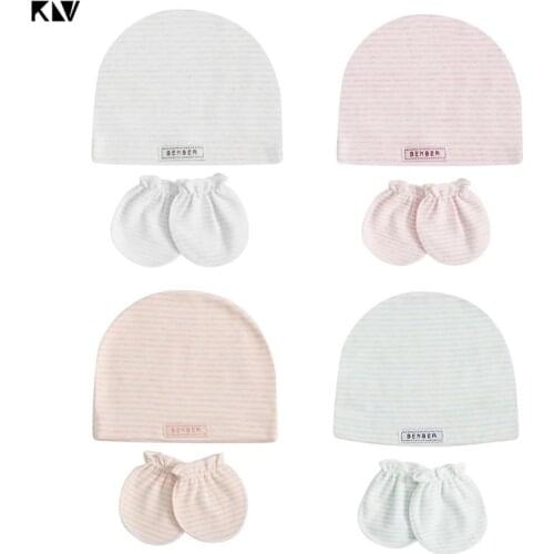 KLV Newborn Baby Hat Gloves Set Soft Cotton Stripe Cap Anti Scratch Mittens Infants Warmer Wear Supplies