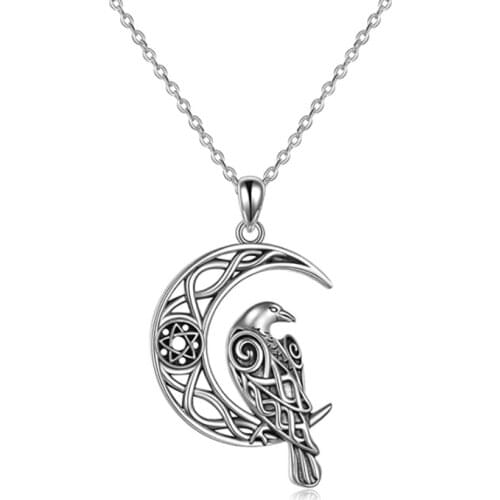Nordic Viking Totem Amulet Necklace Vintage Antique Silver Color Hollow Moon Odin Crow Pendant Necklaces For Women Men