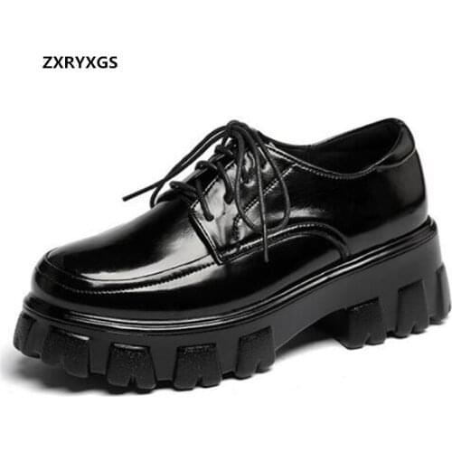 2021 British Style Autumn New Shoes Cowhide Patent Leather Platform Light Heighten Shoes Black High Heels Wedges Casual Shoes