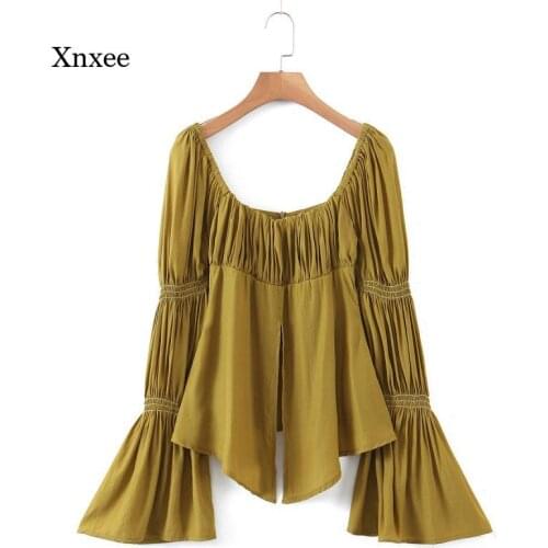 Square Collar Split Shirts 2021 Sexy Elasticpleated Ruched Sheep Leg Long Flare Sleeve Women Tee Front Slit Short Pullovers Tops