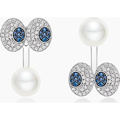 Fashion Brand 925 Sterling Silver Asymmetric Big Eyes Earrings with Pearl Cubic Zirconia Stones Women Girls Fine Jewelry