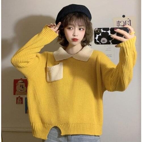 Autumn Winter Woman Sweaters Turn-down Collar Pockets Patchwork Long Sleeve Top Pullover Knitted Sweater Korean Fashion Clothing