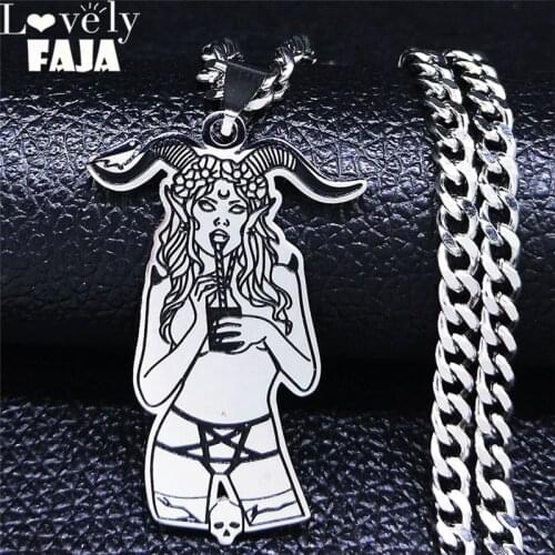 2021 Satan Pentagram Witch Stainless Steel Choker Necklace for Women Black Silver Color Necklace Jewelry bijoux femme N4040S03