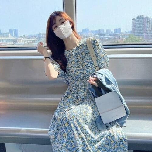 Womens Dress French Retro Foam Sleeve Floral Dress Womens Large Size Pleated Dress Clothing Womens Large Size Outerwear