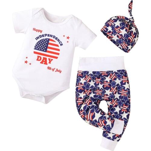3Pcs Baby Independence Day Outfit, O-Neck Short Sleeves Romper + High-Waist Pants + Hat for Toddler Boys, Girls, 0-18 Months