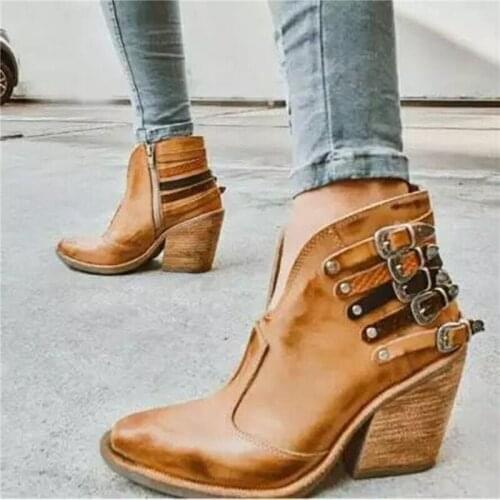 Female Ankle Boots V-neck Nude Boots Short Boots Thick High-heeled Yellow-brown Buckle Shoes Zipper Size 35-43