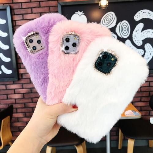 Cute Warm Rabbit Fur Plush diamond Phone Case For iPhone 12 11 Pro XS Max X XR 6S 7 8 Plus Lovely Furry hair Soft TPU Back Cover