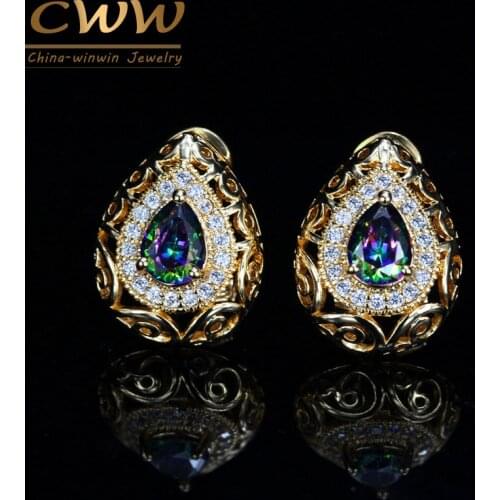 CWWZircons Dazzling Mystical Fire Crystal Jewelry Hollow Out Yellow Gold Color Oval Cubic Zirconia Earrings For Women CZ358