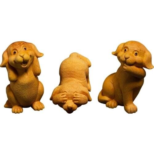 3 wise dogs Wooden doll sculpture Hand carving animal toy small Chinese gift Figurines home decoration