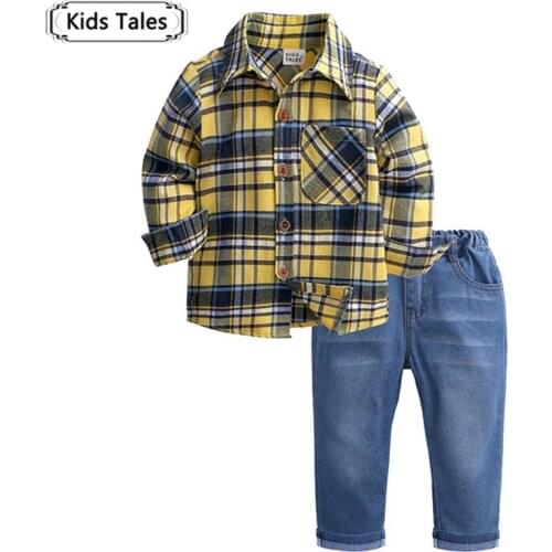 Cotton Kids Clothes Set Toddler Children Boys Summer Gentleman Plaid Long Sleeve Shirt+Jeans Pants Sets Boys Clothes ST405