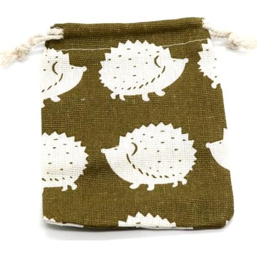 Hedgehog Printed Linen Pouch 9x12cm pack of 50 Jute Candy Drawstring Bag